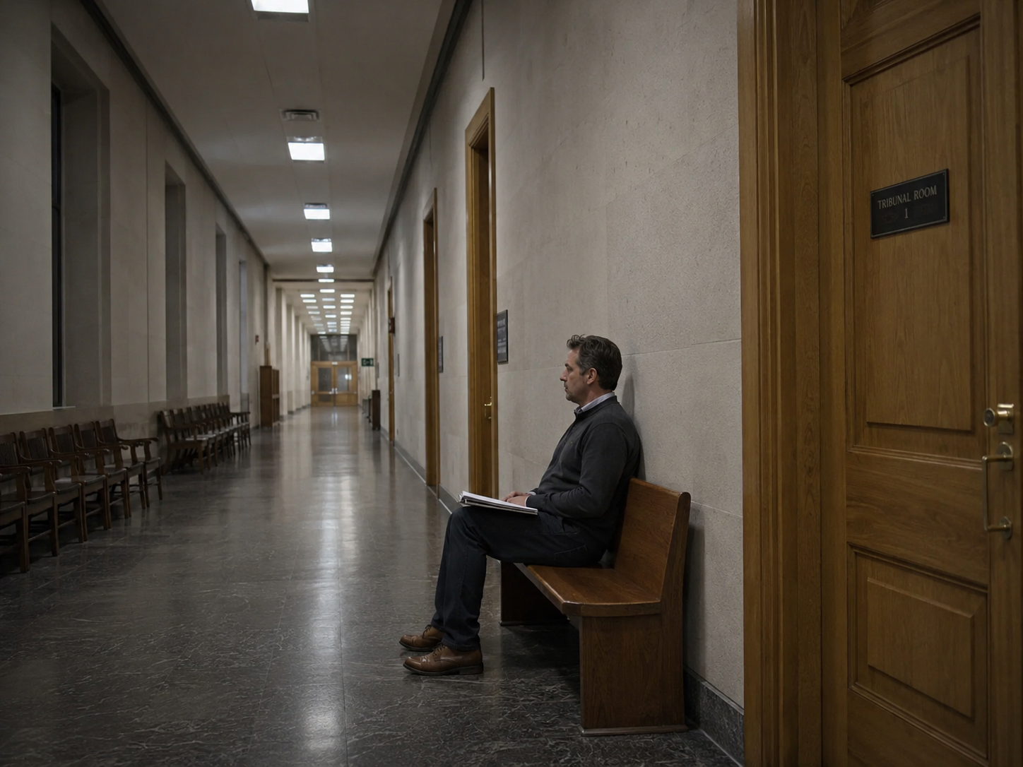 A man sitting alone on a bench in an empty corridor outside a tribunal room, waiting