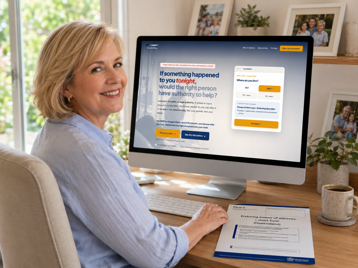 A woman at her desk at home, having completed her Enduring Power of Attorney with YourWillPro