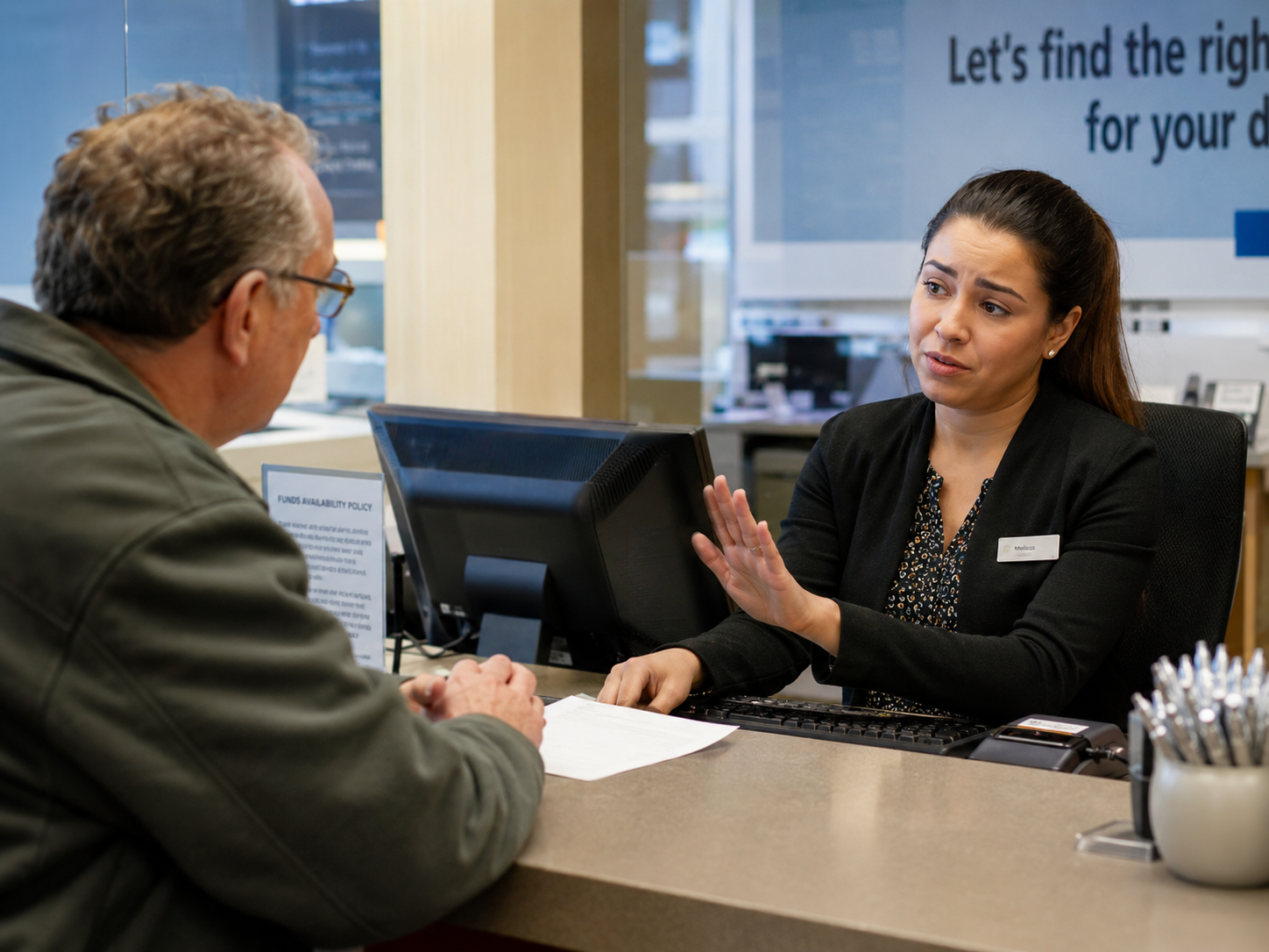 A bank teller explaining she cannot release funds to an older customer