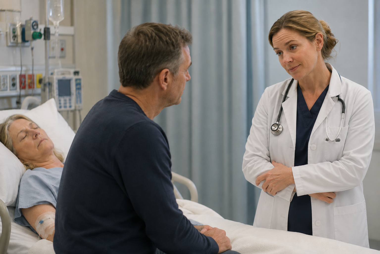 A man sitting at his partner's hospital bedside holding her hand while a doctor stands unable to proceed