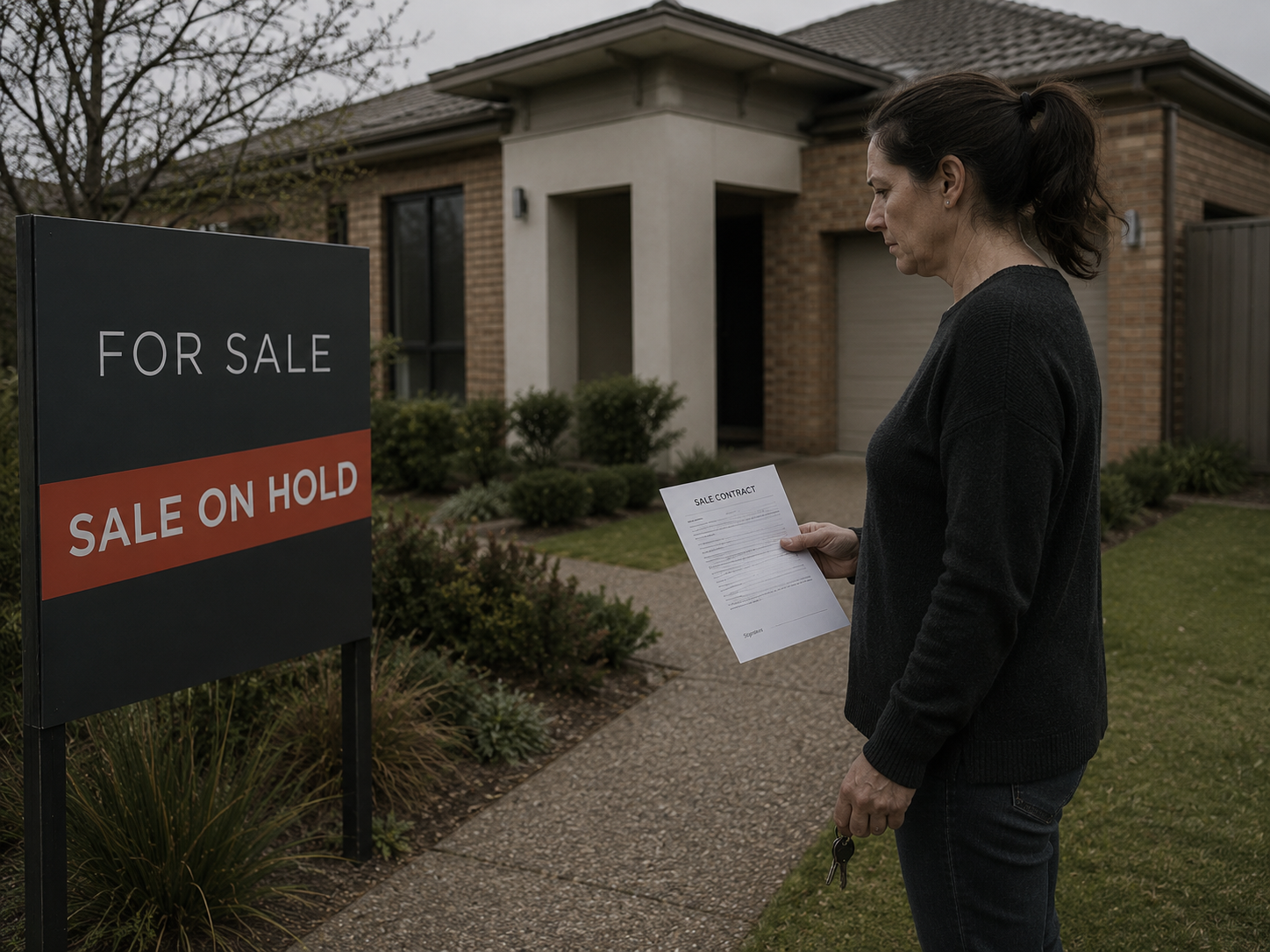 A woman holding an unsigned sale contract outside her home beside a For Sale board marked Sale On Hold