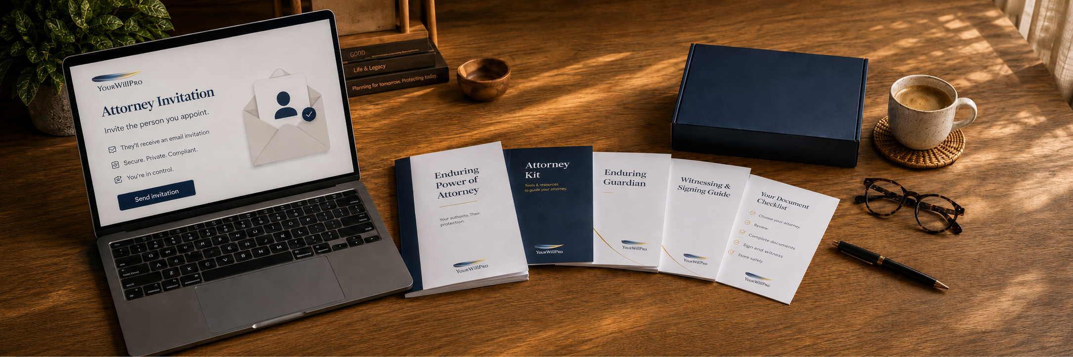 The YourWillPro kit: Enduring Power of Attorney, Attorney Kit, Enduring Guardian, Witnessing and Signing Guide and a document checklist, with the guided online tool shown on a laptop